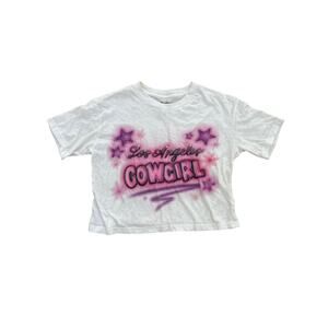 Los Angeles Cowgirl - Cropped Round Neck Tee in White & Pink
